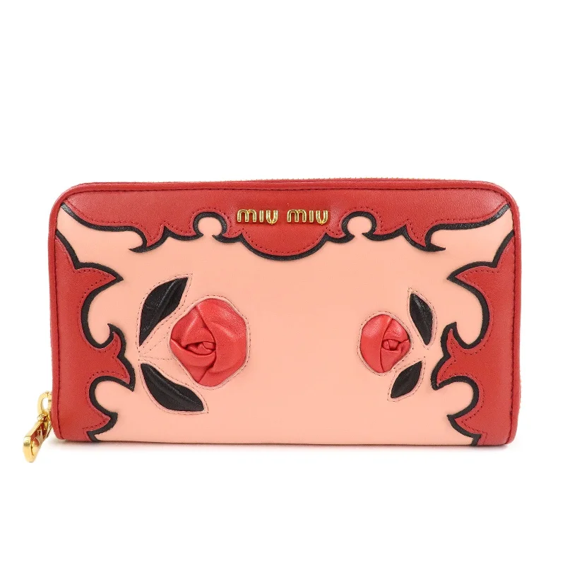 MIU MIU Leather Round Zipper Long Wallet Red Pink