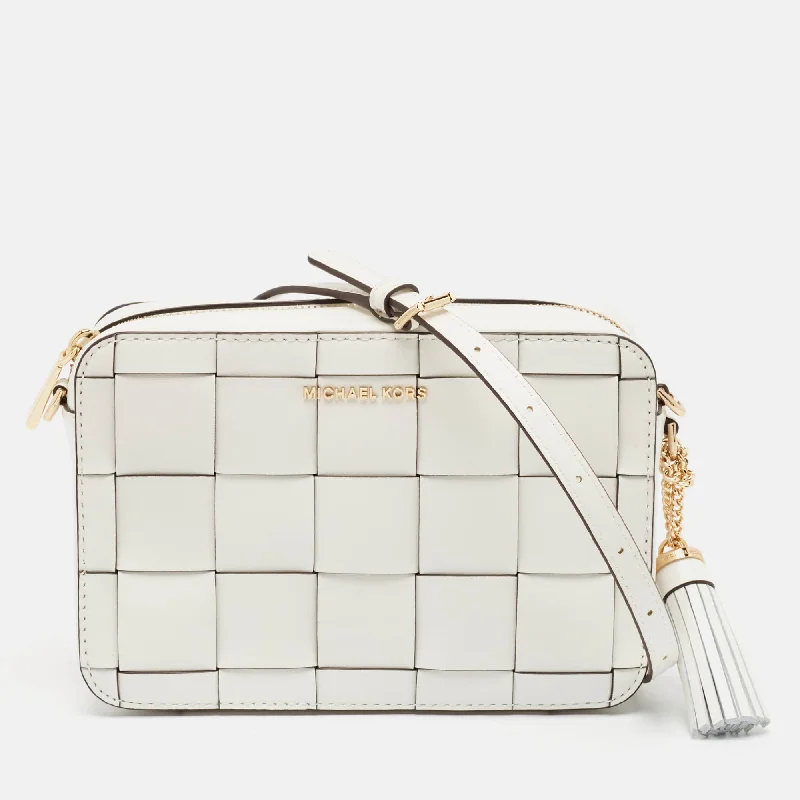 White Leather Medium Woven Jet Set Crossbody Bag