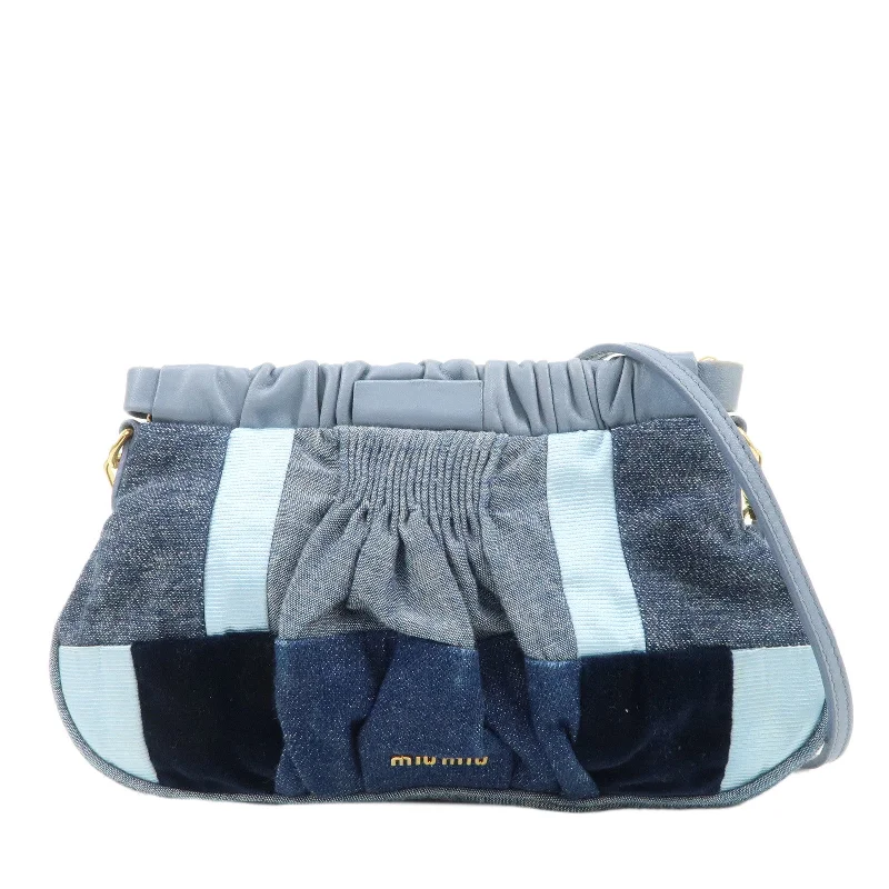 MIU MIU Denim Velour Leather Patches Shoulder Bag Blue Navy