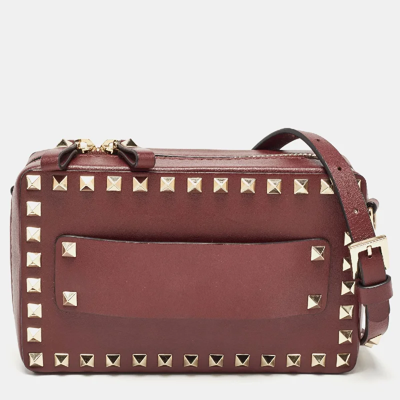 Burgundy Leather Rockstud Camera Crossbody Bag