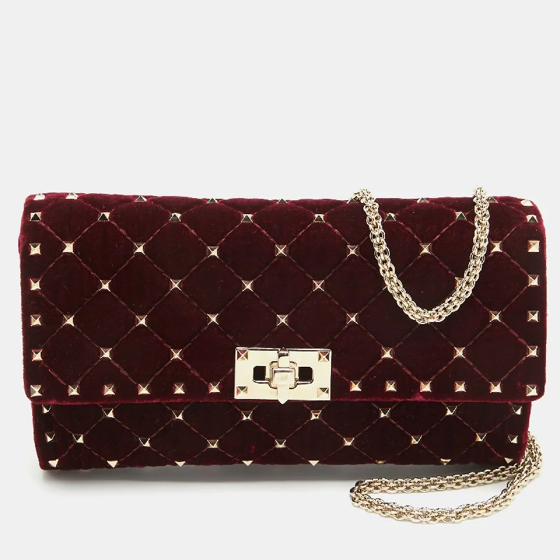 Burgundy Quilted Velvet Rockstud Spike Chain Clutch