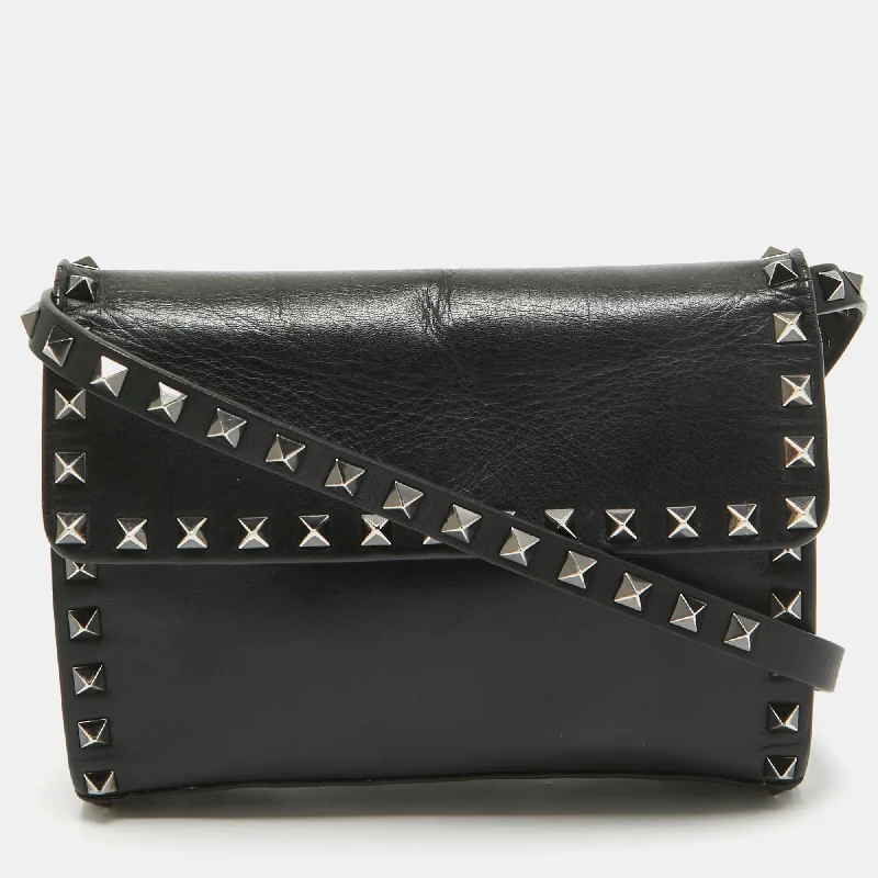 Black Leather Rockstud Flap Crossbody Bag