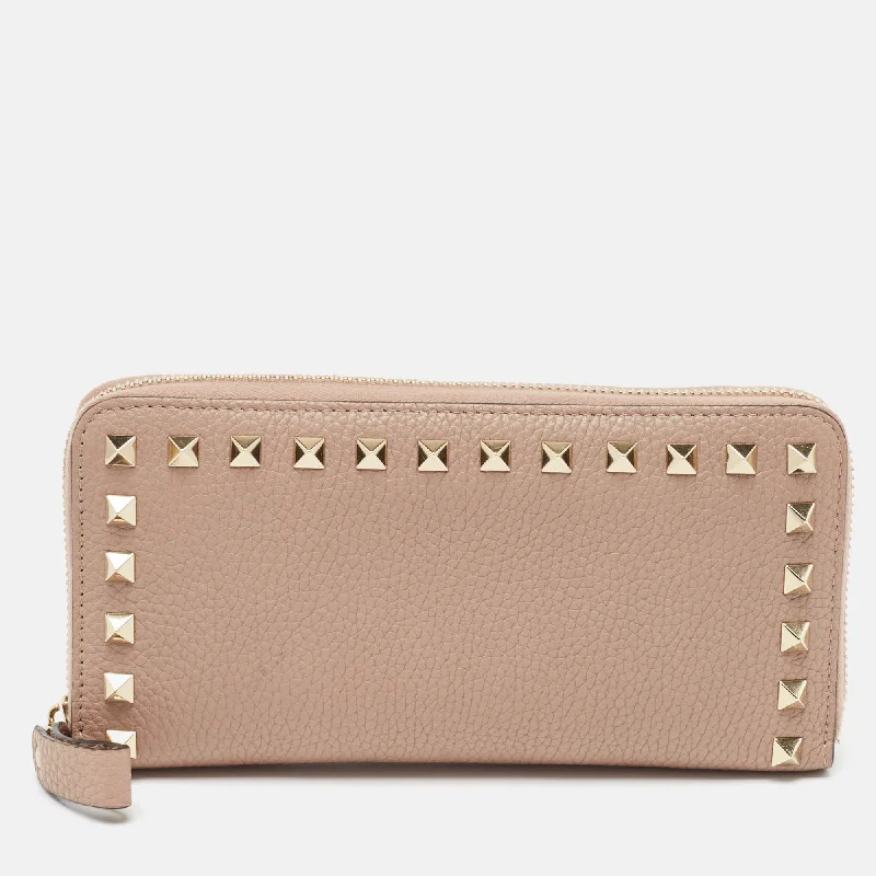 Dusty Pink Leather Rockstud Zip Around Wallet