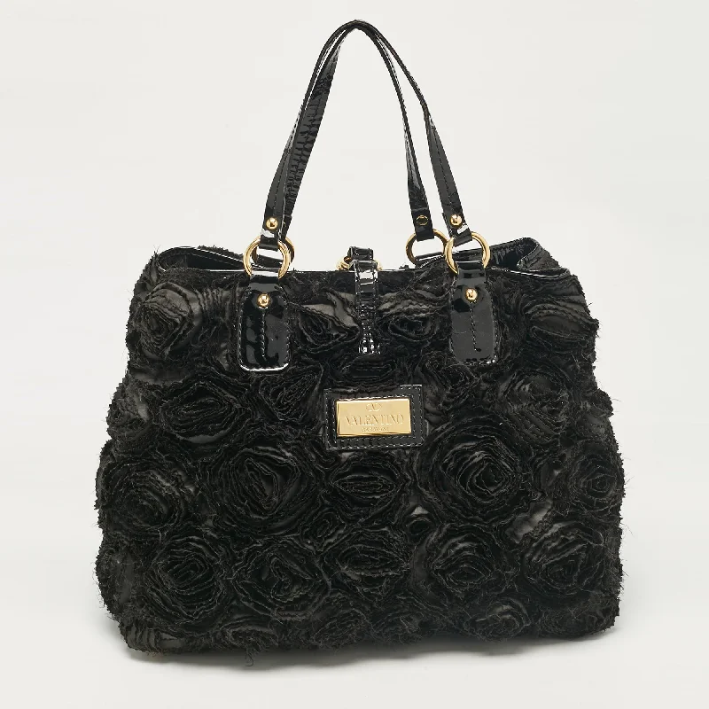 Black Patent Leather and Satin Rose Applique Tote