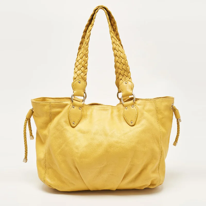 Yellow Leather Braided Drawstring Shoulder Bag