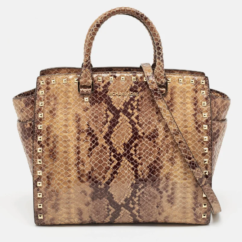 Beige Snakeskin Embossed Leather Large Selma Tote