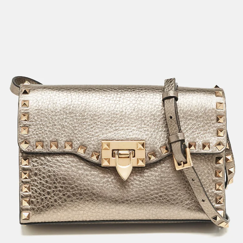 Metallic Leather Rockstud Flap Crossbody Bag