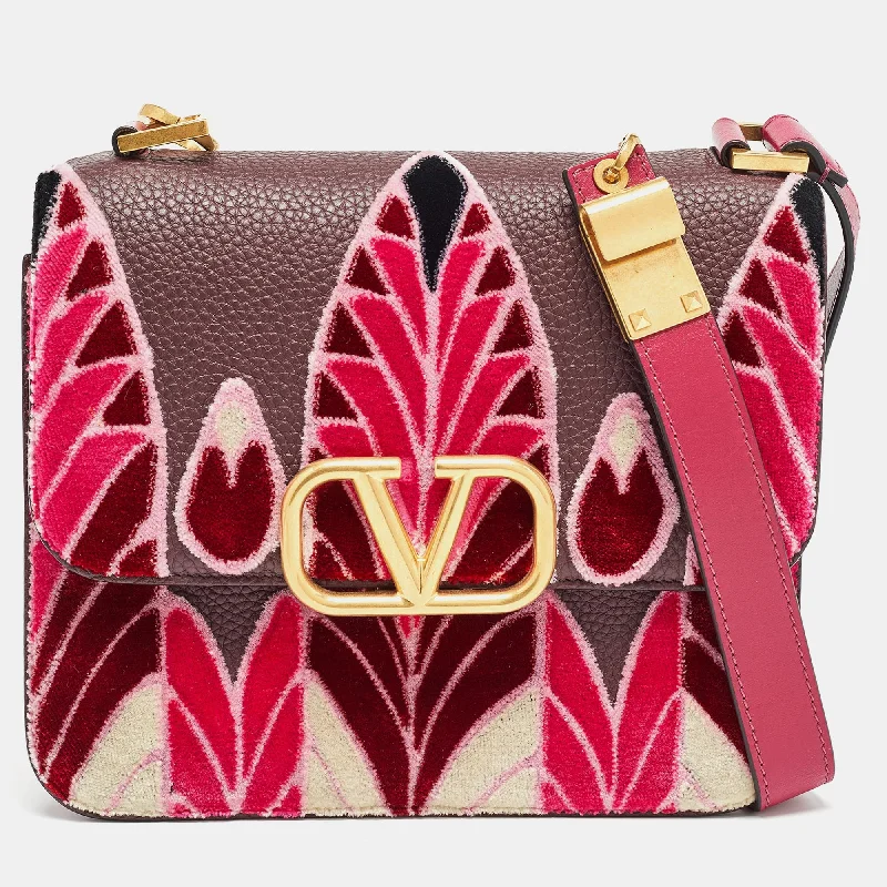 Pink/Plum Leather and velvet Embroidered VSling Shoulder Bag