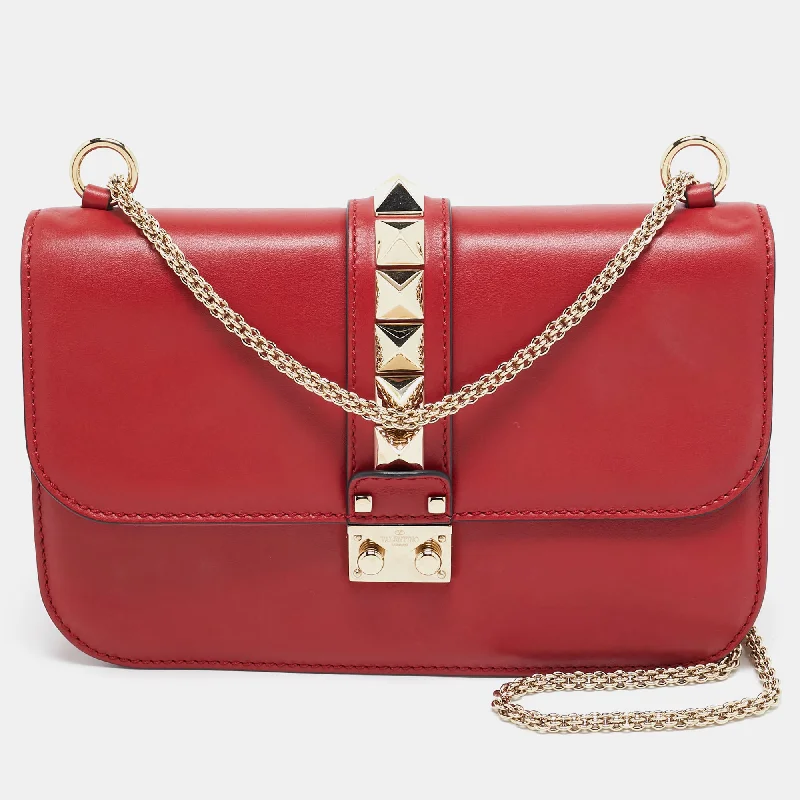 Red Leather Medium Rockstud Glam Lock Flap Bag