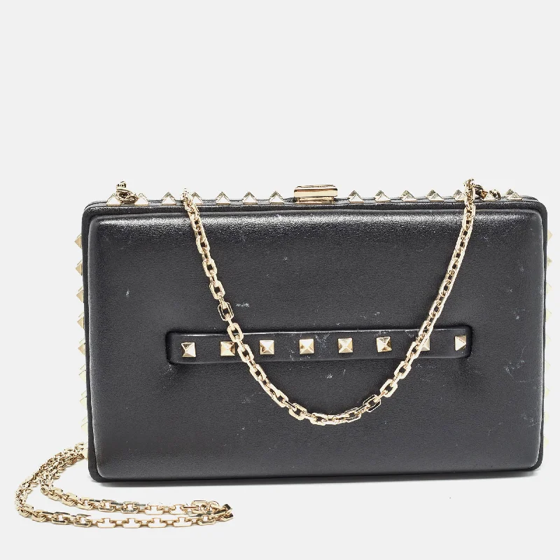 Black Leather Rockstud Frame Chain Clutch