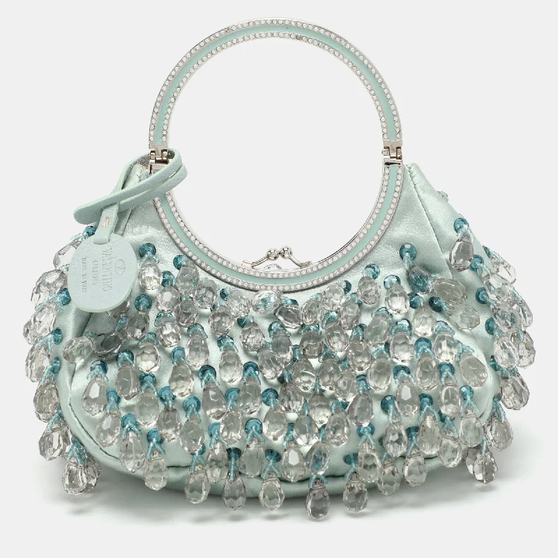 Blue Satin Embellished Raindrop Evening Satchel