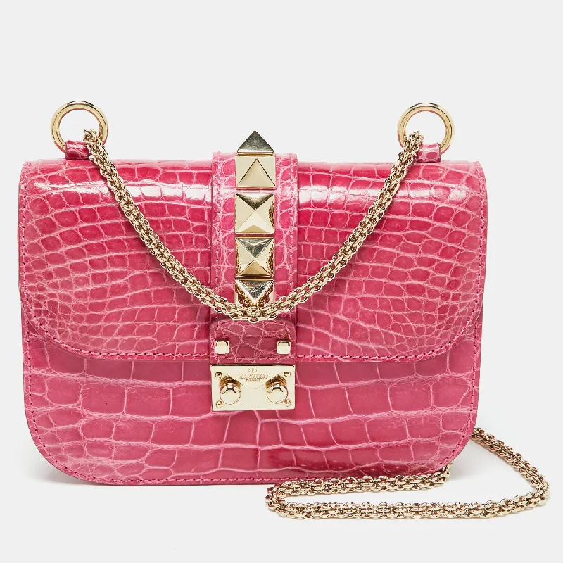 Pink Crocodile Small Glam Lock Shoulder Bag