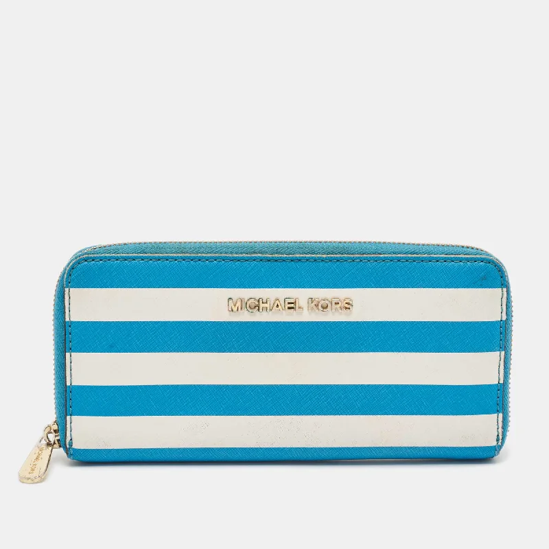 Blue/White Leather Stripe Zip Continental Wallet