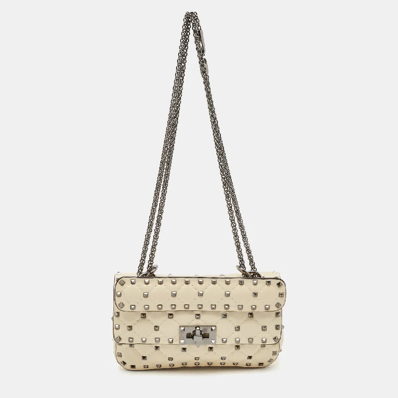 Cream Quilted Leather Small Rockstud Spike Top Handle Bag