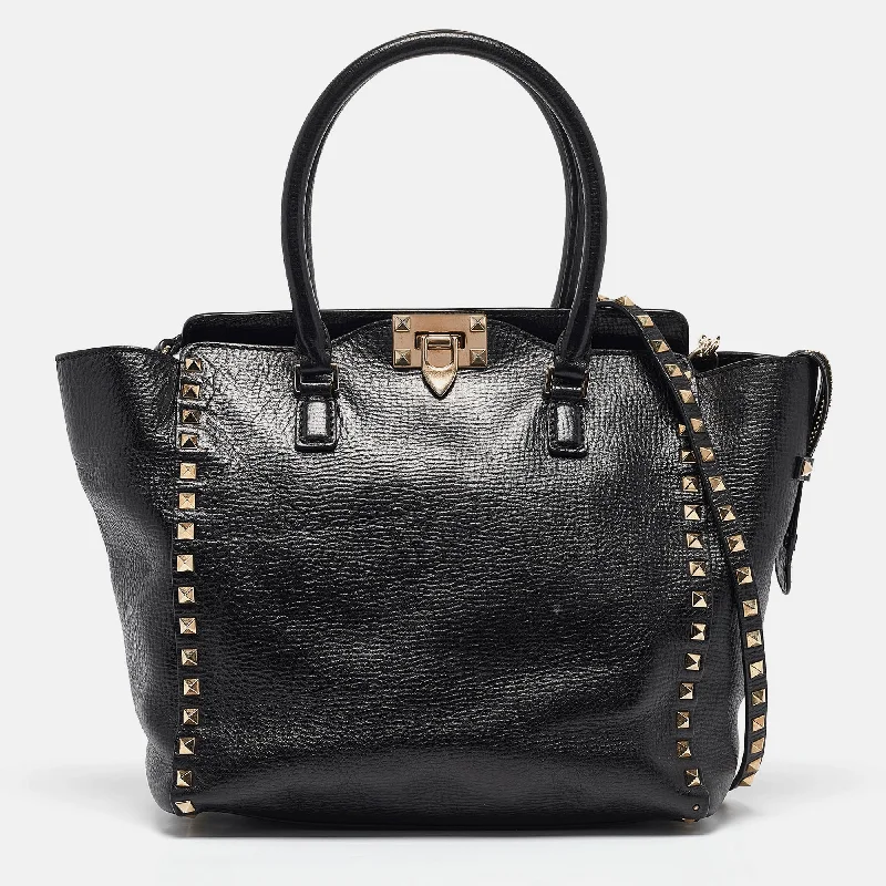 Black Leather Small Rockstud Trapeze Tote