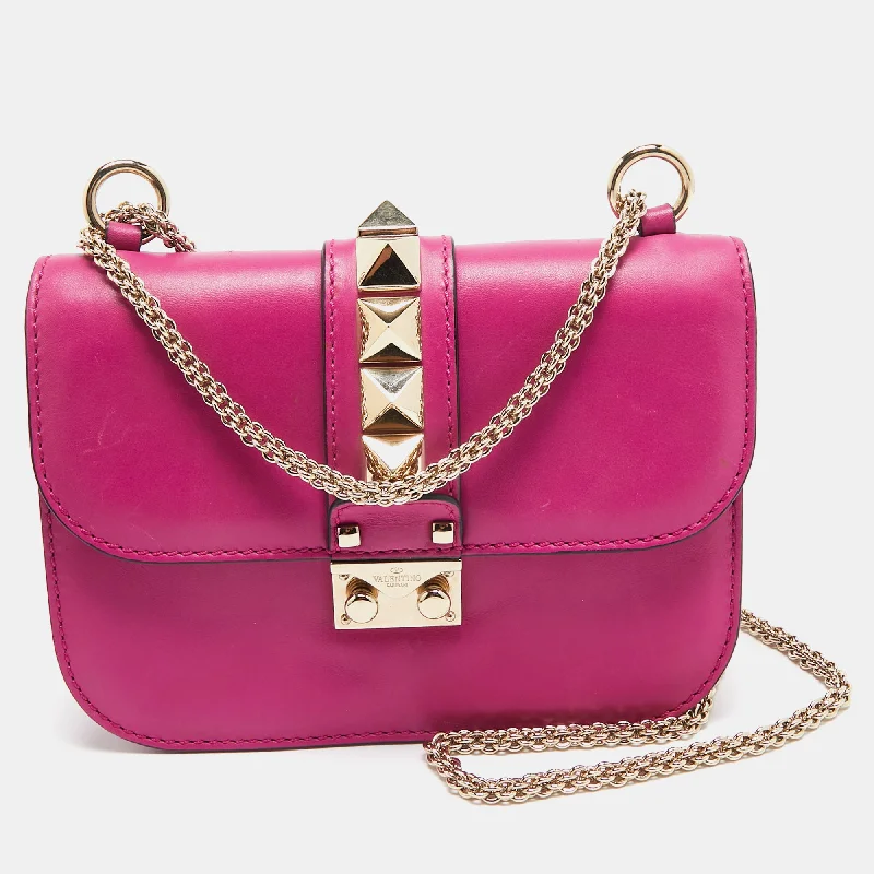 Fuchsia Leather Small Rockstud Glam Lock Flap Bag