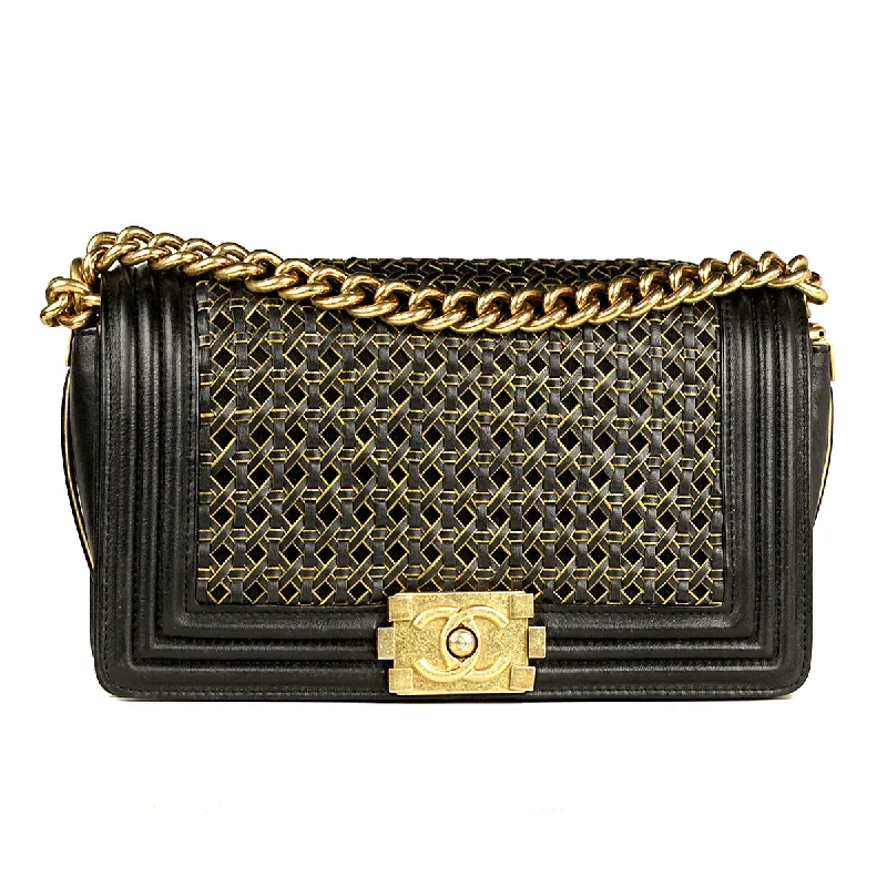 Chanel Boy Bag Medium Black Braided Sheepskin Gold Hardware