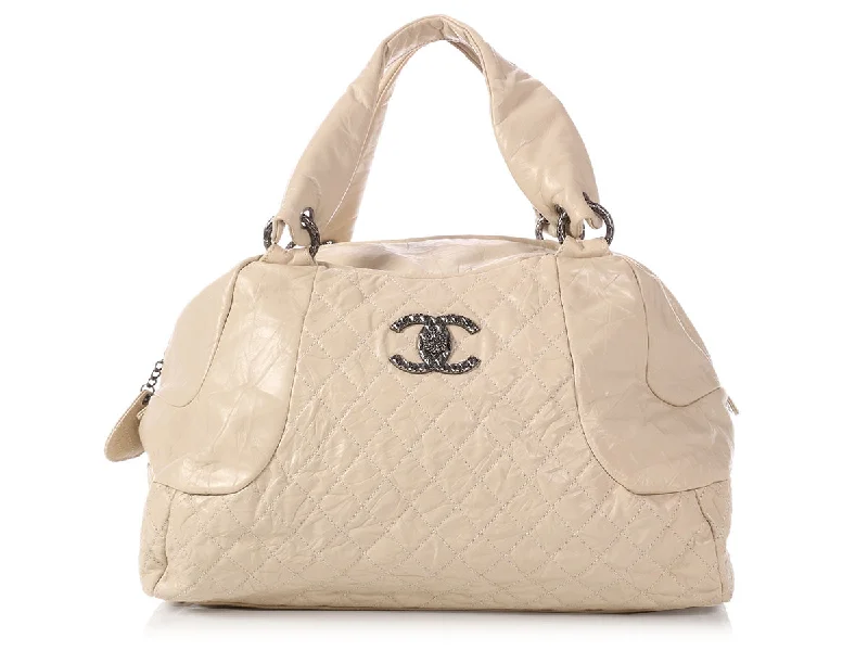 Chanel Extra Large Cream Crinkled Calfskin Bowler