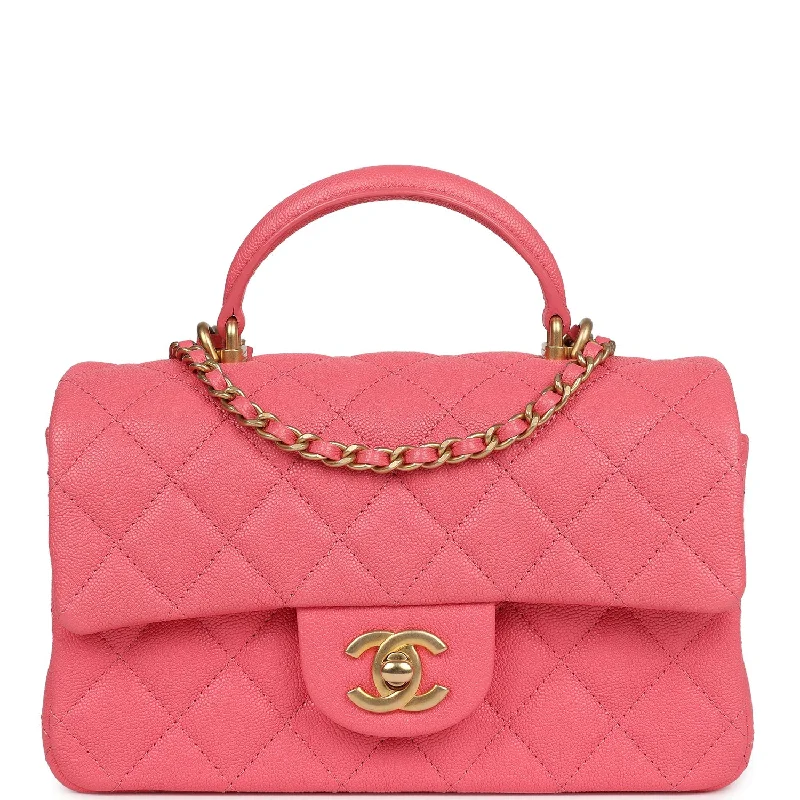 Pre-owned Chanel Mini Rectangular Flap with Top Handle Hot Pink Caviar Antique Gold Hardware