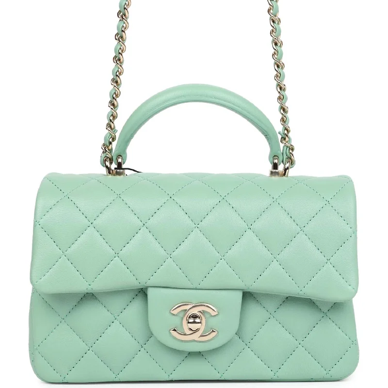 Chanel Mini Rectangular Top Handle Flap Bag Light Green Lambskin Light Gold Hardware