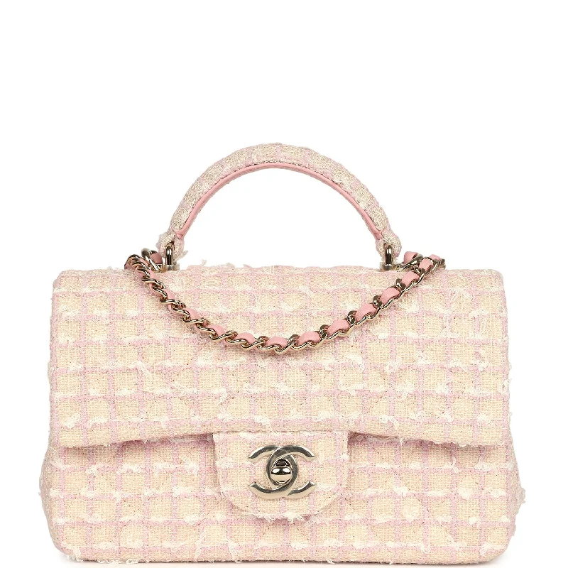 Chanel Mini Rectangular Top Handle Flap Pink and White Tweed Light Gold Hardware