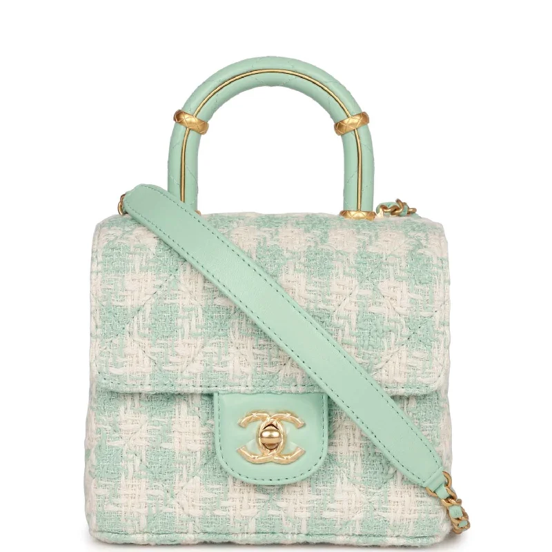 Chanel Mini Square Flap with Top Handle Turquoise and Ecru Tweed Antique Gold Hardware