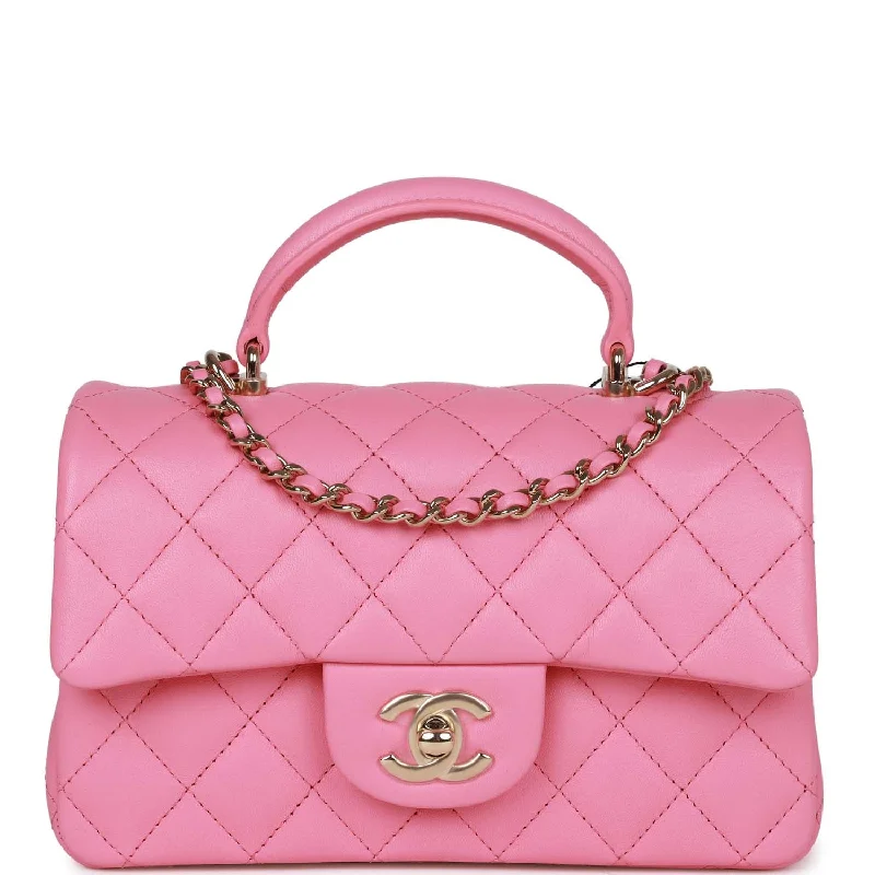 Chanel Rectangular Mini Flap Bag with Top Handle Pink Lambskin Light Gold Hardware