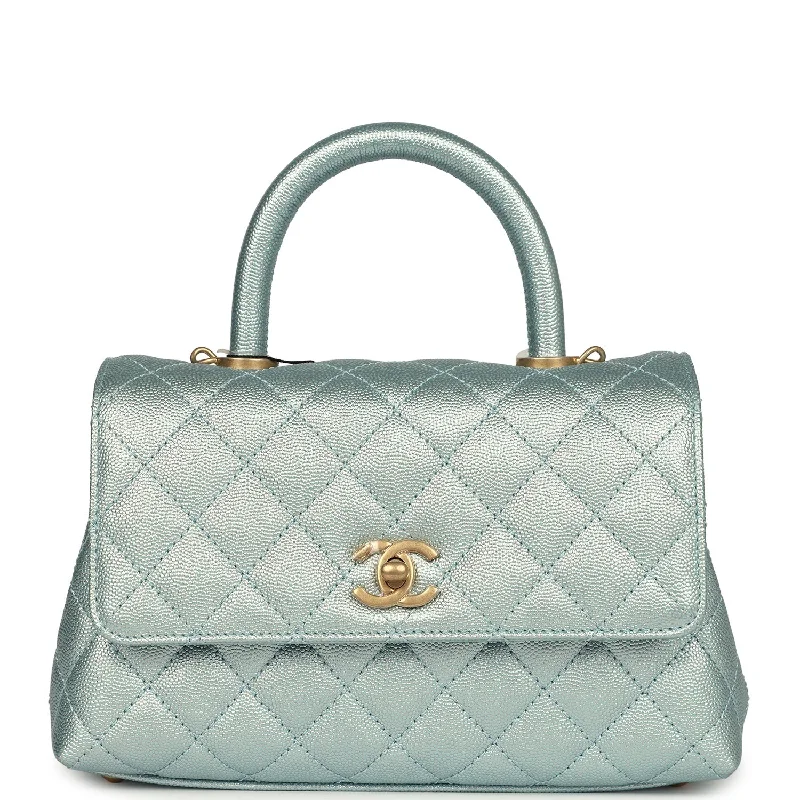 Chanel Small Coco Handle Flap Bag Light Blue Iridescent Caviar Aged Gold Hardware