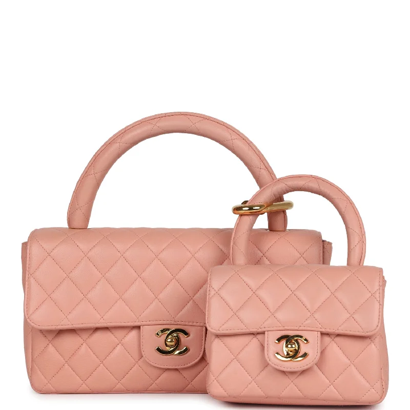 Vintage Chanel Kelly Parent and Child Flap Bag Set Pink Lambskin Gold Hardware