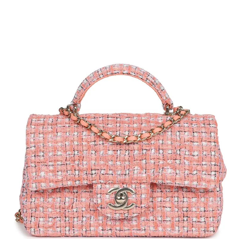 Chanel Mini Rectangular Top Handle Flap Bag Coral Tweed Light Gold Hardware