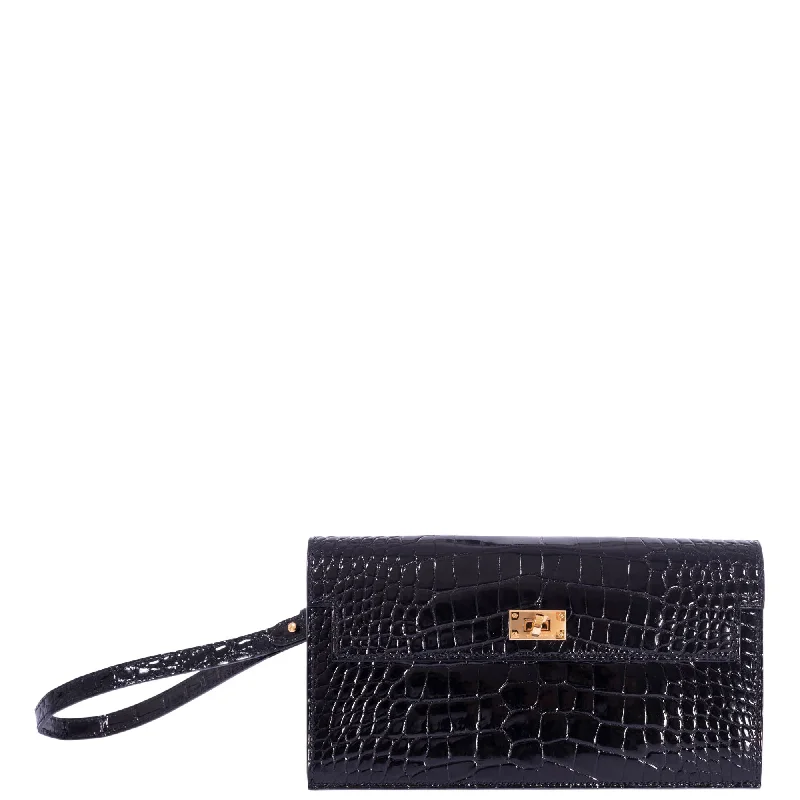 Hermees Kelly Pocket Long Wallet Black Alligator Gold Hardware