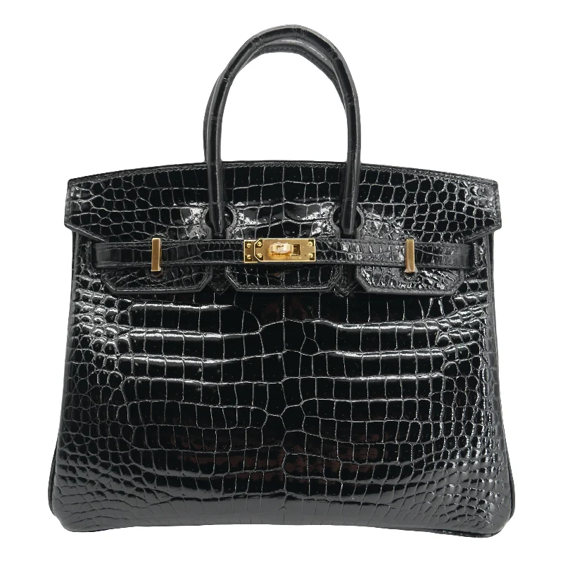 Hermès 25cm Birkin Black Shiny Porosus Crocodile Gold Hardware