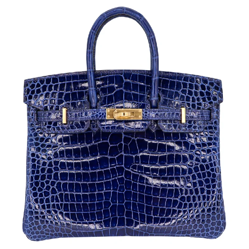 Hermès 25cm Birkin Bleu Saphir Shiny Porosus Crocodile Gold Hardware