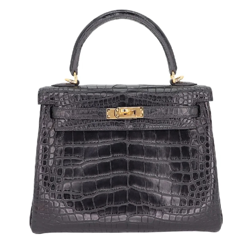 Hermès 25cm Kelly Retourne Black Matte Alligator Gold Hardware