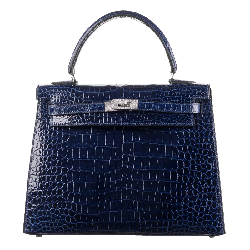 Hermès 25cm Kelly Sellier Bleu Indigo Shiny Niloticus Crocodile Diamond Hardware