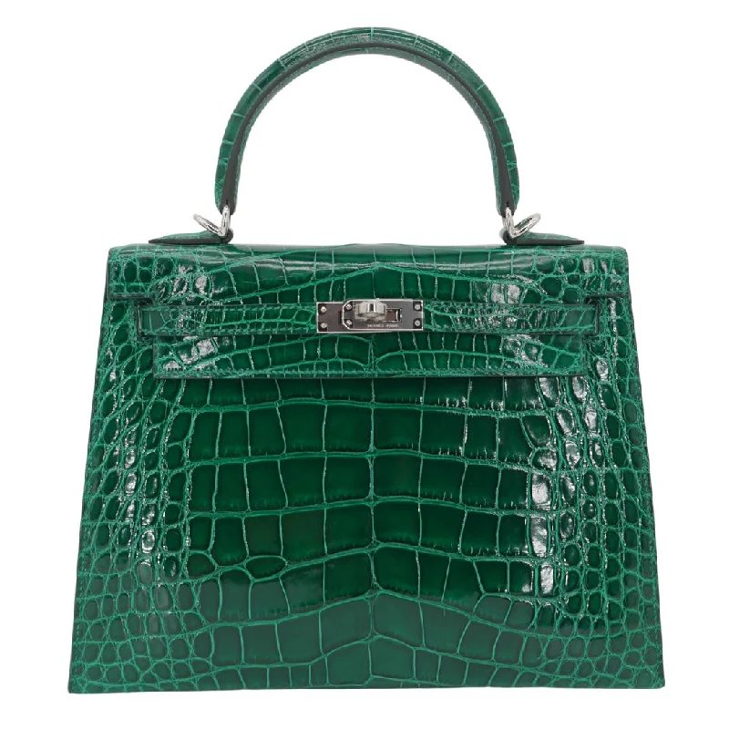 Hermès 25cm Kelly Sellier Emerald Shiny Alligator Palladium Hardware