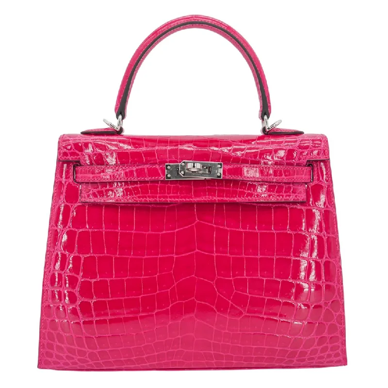 Hermès 25cm Kelly Sellier Framboise Shiny Niloticus Crocodile Palladium Hardware