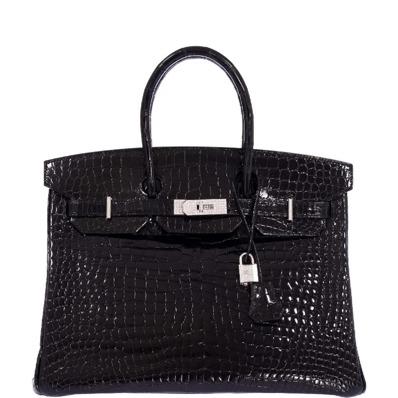 Hermès Birkin 35 Black Shiny Porosus Crocodile 18K White Gold and Diamond Hardware