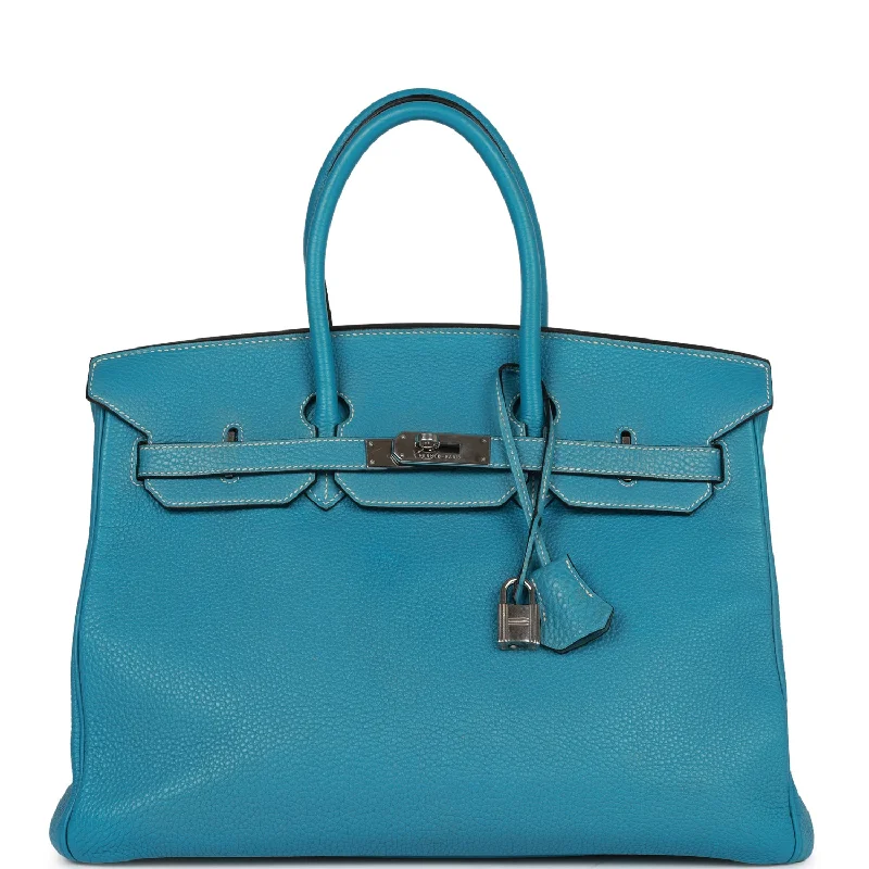 Pre-owned Hermes Birkin 35 Blue Jean Togo Palladium Hardware