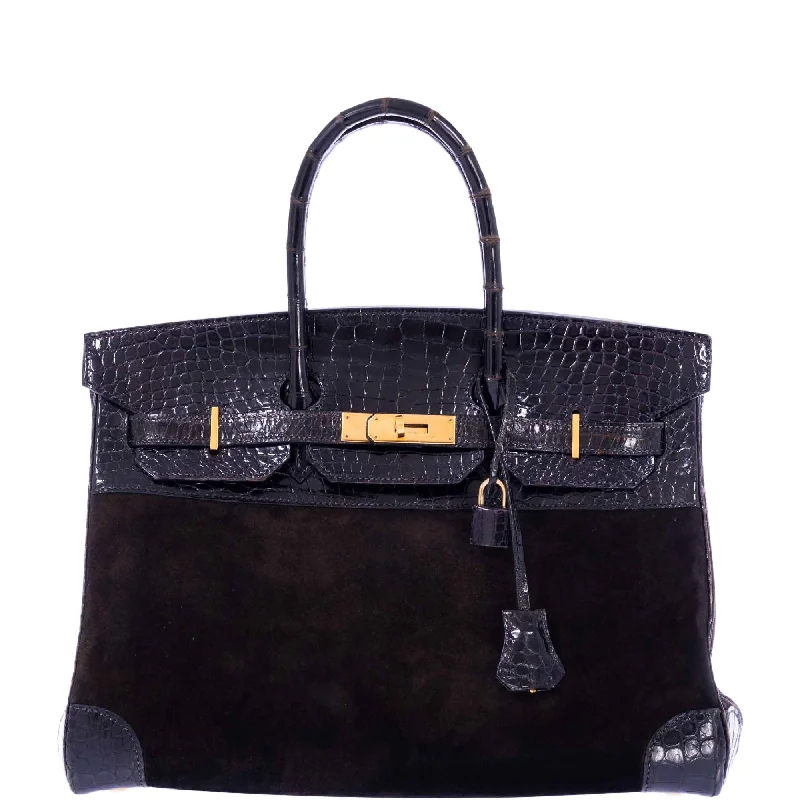 Hermès Birkin 35 Dark Chocolate Veau Doblis Suede & Black Porosus Crocodile with Gold Hardware