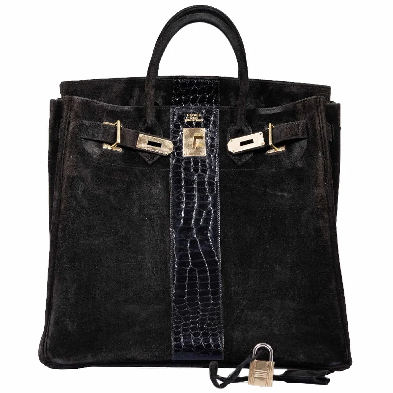 Hermès Birkin 40 HAC Black Doblis Suede and Crocodile Gold Hardware