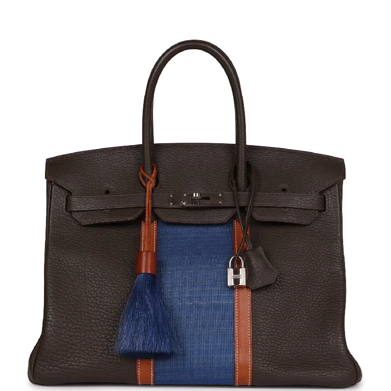 Pre-owned Hermes Birkin Club 35 Vert Bronze, Blue Thalassa, Fauve Barenia Fjord & Ottomane Palladium Hardware