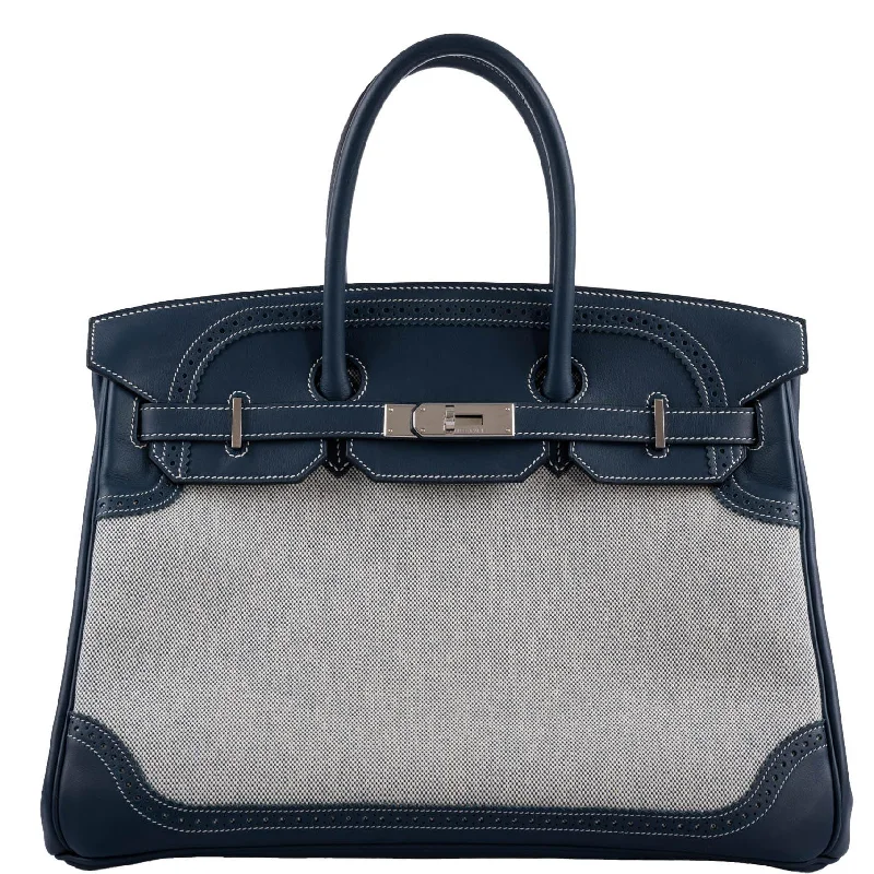 Hermès Ghillies Birkin 35 Blue de Prusse Swift & Toile with Palladium Hardware - 2014, R Square