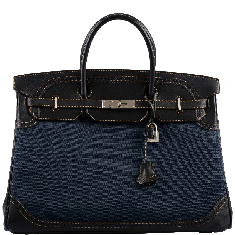 Hermès Ghillies Birkin 40 Indigo Denim and Black Tadelakt Brushed Palladium Hardware