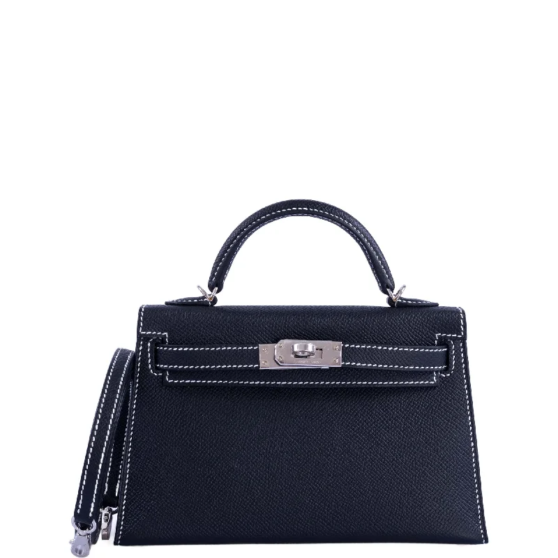 Hermès HSS Kelly Mini 20 Sellier Black Epsom, Gris Tourterelle Interior with White Stitching Palladium