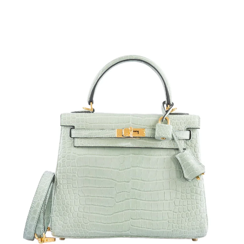 Hermès Kelly 25 Matte Vert d'Eau Porosus Crocodile Gold Hardware