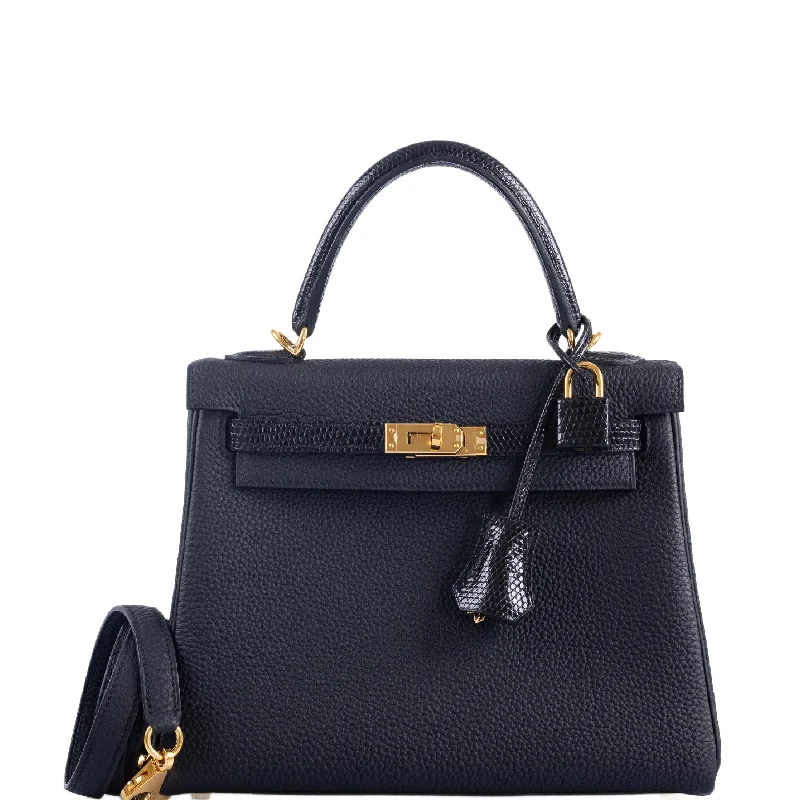 Hermès Kelly 25 Retourne Touch Black Lizard & Togo Gold Hardware