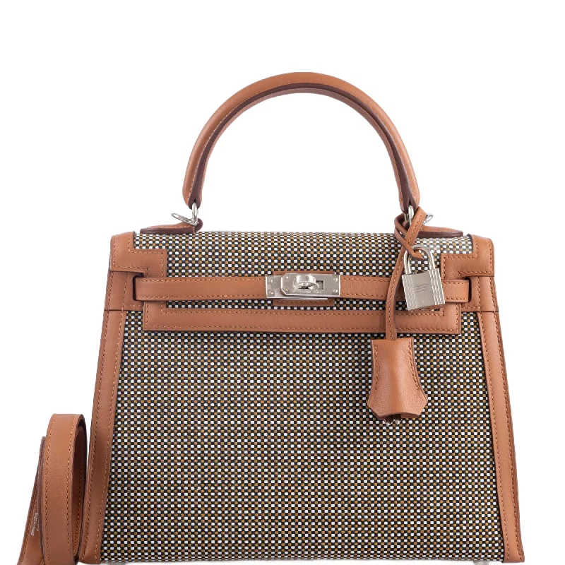 Hermès Kelly 25 Sellier Quadrille Sesame Swift and Canvas Palladium Hardware