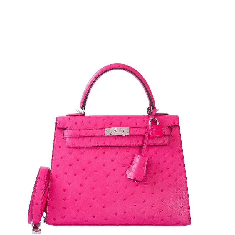 Hermès Kelly 25 Sellier Rose Tyrien Ostrich Palladium Hardware