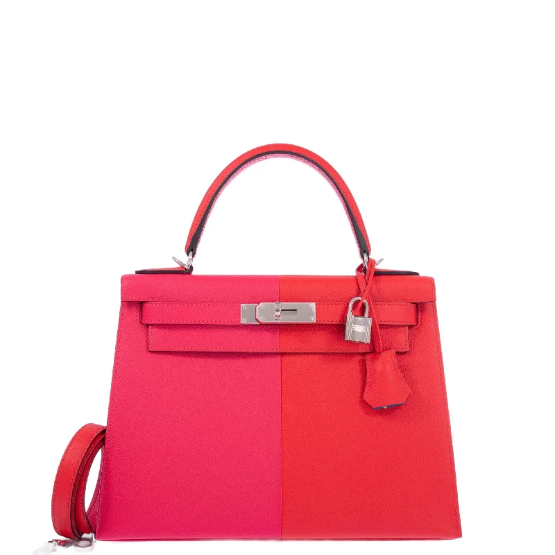 Hermès Kelly 28 Sellier Tri-Color Casaque, Rouge Coeur, Rose Extreme, Bleu Zanzibar Epsom Palladium